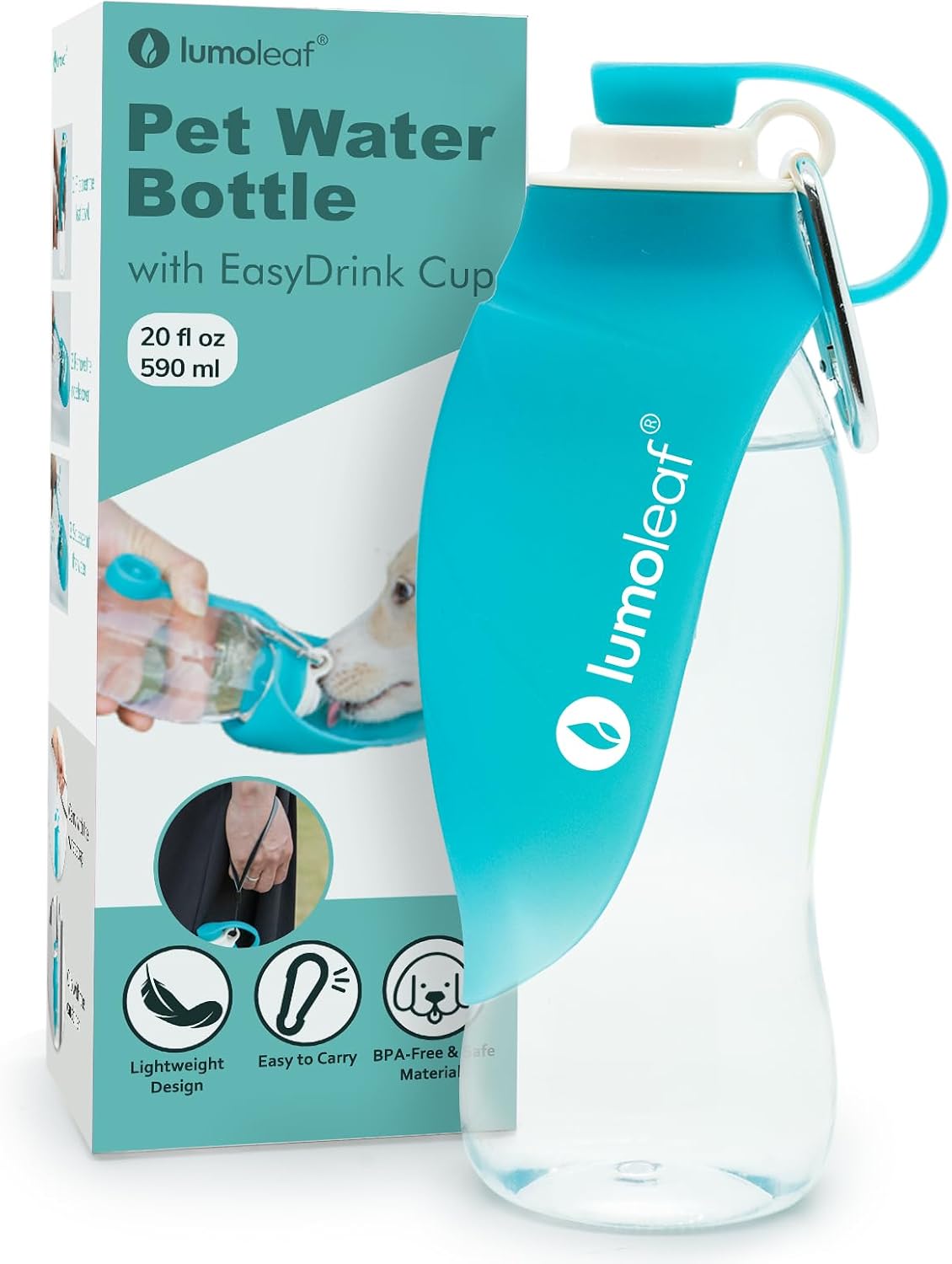 LumoLeaf Dog Water Bottle for Walking, Portable Pet Water Dispenser with Foldable Leaf Bowl – Lightweight Travel Bottle for Small & Medium Dogs, 20 fl oz