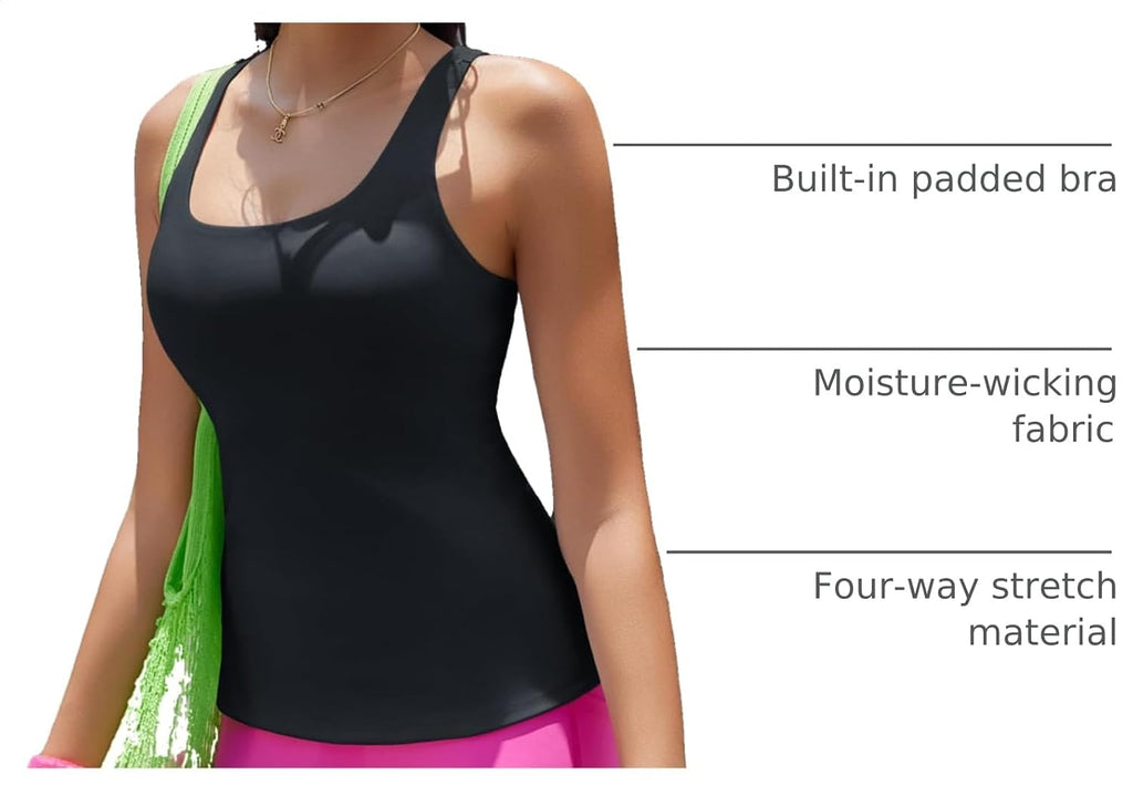 RUNNING GIRL Workout Tops for Women,Strappy Back Black Top with Built in Bras Camisole Yoga Crop Tank Tops Padded