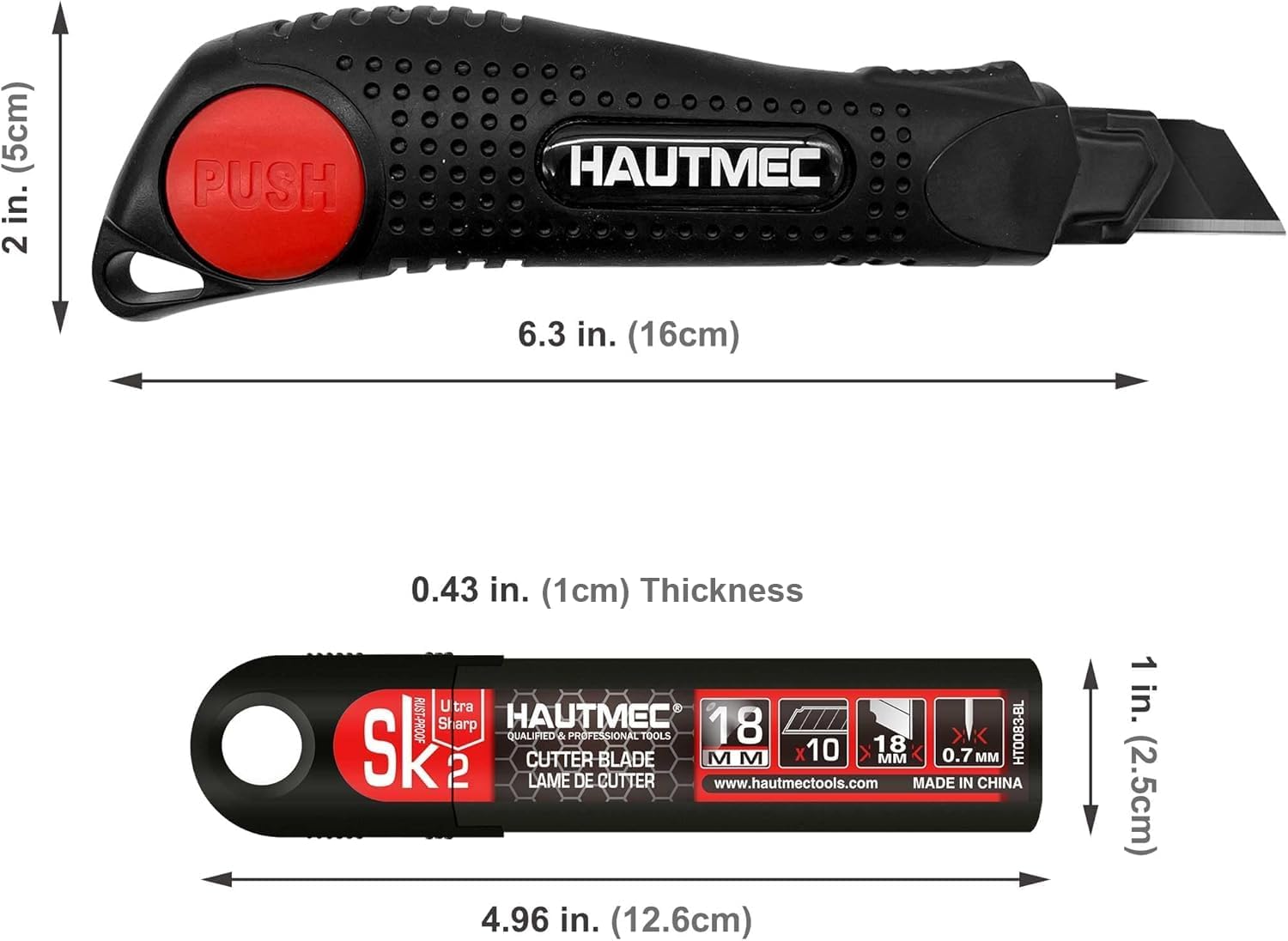 HAUTMEC Pro 18mm Black Auto-Lock Utility Knife Set Including 10pcs Ultra Sharp Black Snap-off Blades in Case, HT0094-KN
