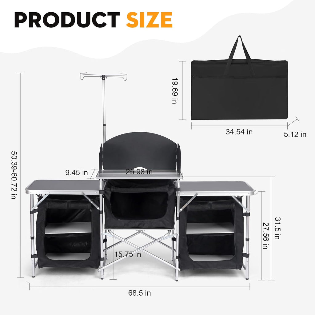 Aluminum Camping Kitchen Table with 3 Multifunctional Cupboards