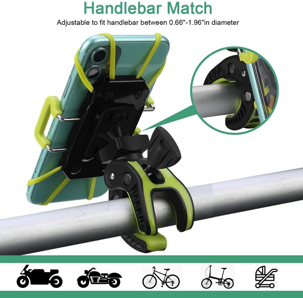 Bike Phone Mount, Motorcycle Mountain Bike Handlebar Bicycle Golf Cart Stroller Cell Phone Holder with Rubber Strap 360 Degrees Rotate for iPhone X 8 7 6 6s Plus Samsung (Green)