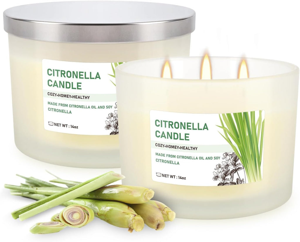 Citronella Candle Set of 2, 14oz Frosted Jar Triple-Wick, Clean & Smokeless for Outdoor Patio, Garden, Deck, Porch Ambiance with Natural Citronella Scent