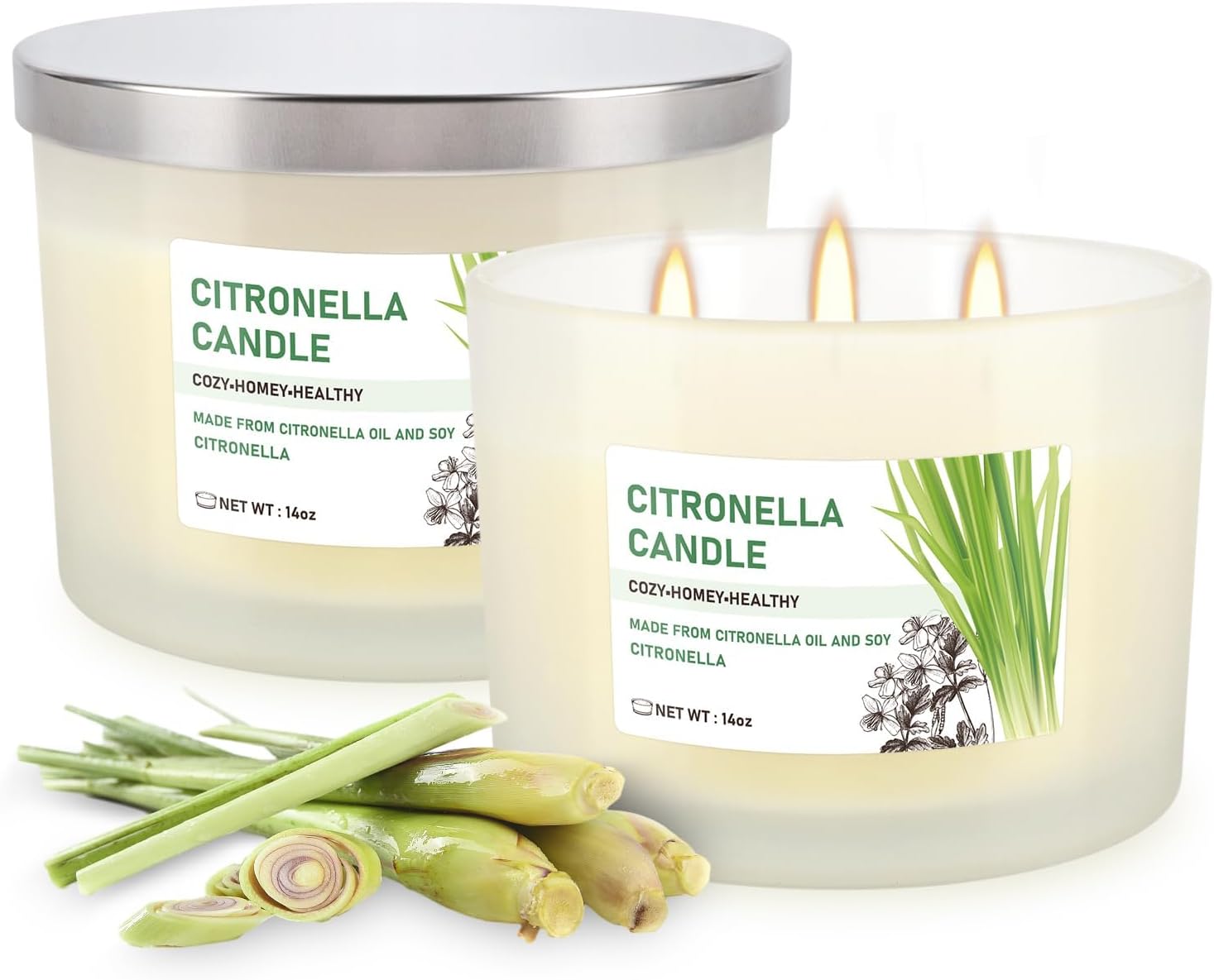 Citronella Candle Set of 2, 14oz Frosted Jar Triple-Wick, Clean & Smokeless for Outdoor Patio, Garden, Deck, Porch Ambiance with Natural Citronella Scent