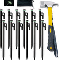 8/12/16Pack Tent Stake with Hammer, 8/10/12/16in Heavy Duty Tent Stakes + 10in Camping Hammer+Storage Pouch, Forged Steel Stakes Used on Rocks (12 Pack 10in Tent Stakes+Hammer)