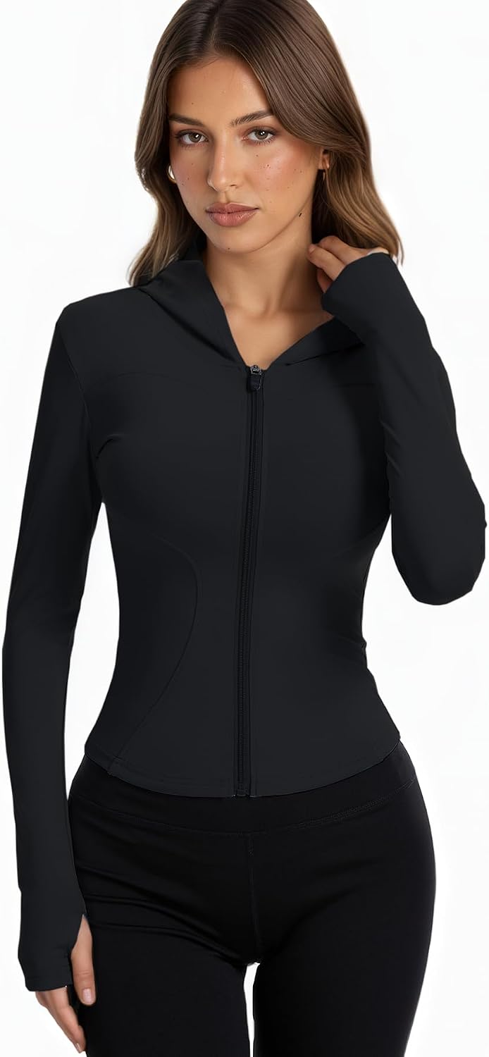 Women Bbl Jackets with Hood Compression Workout Tops Lined or Unlined Lightweight Yoga Gym Jacket with Thumb Hole