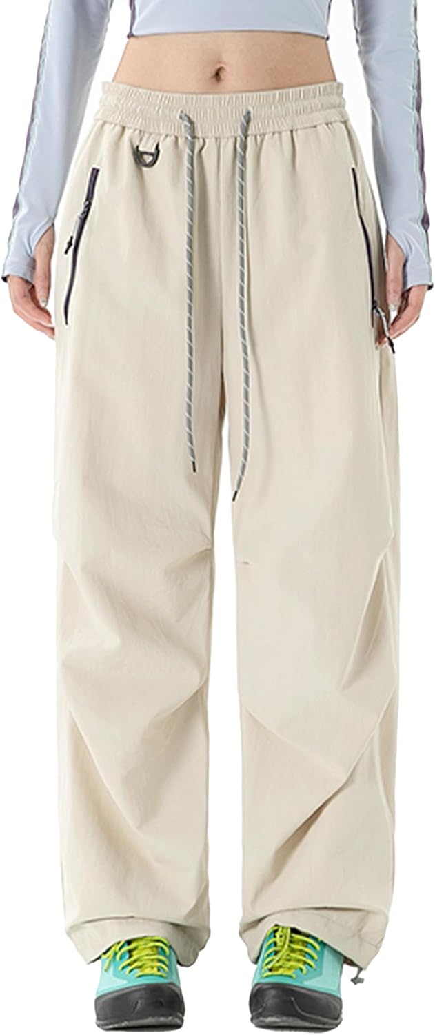 FEOYA Waterproof Pants Women Light Rain Pants Parachute Drawstring Cuffs