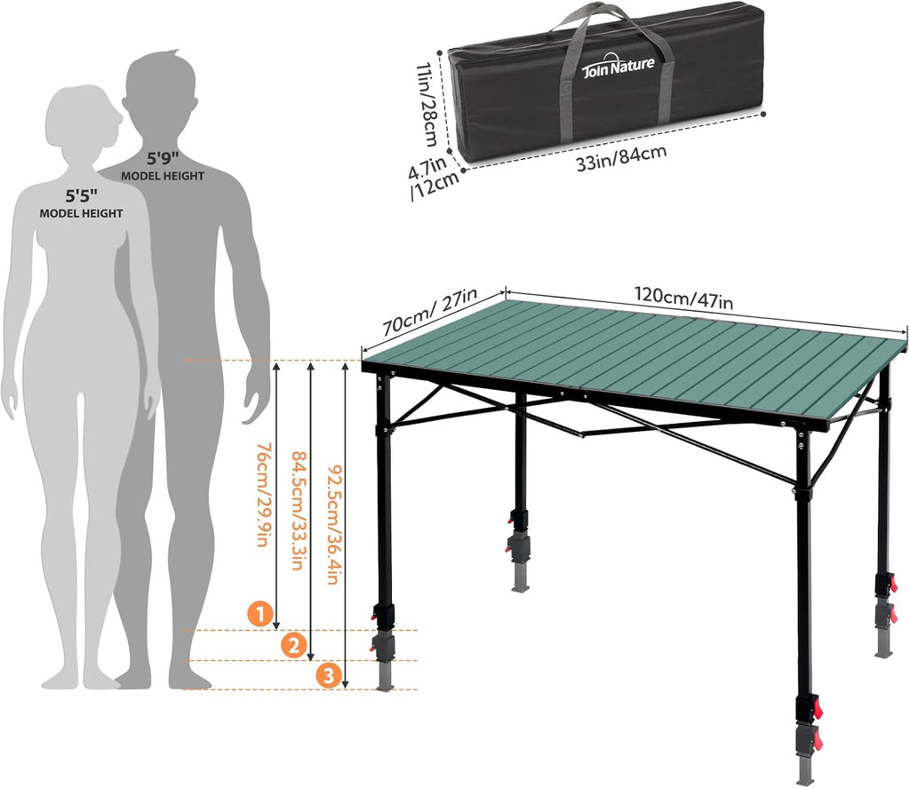 Portable Outdoor Adjustable Height Camping Table, Large for 2-6 Person