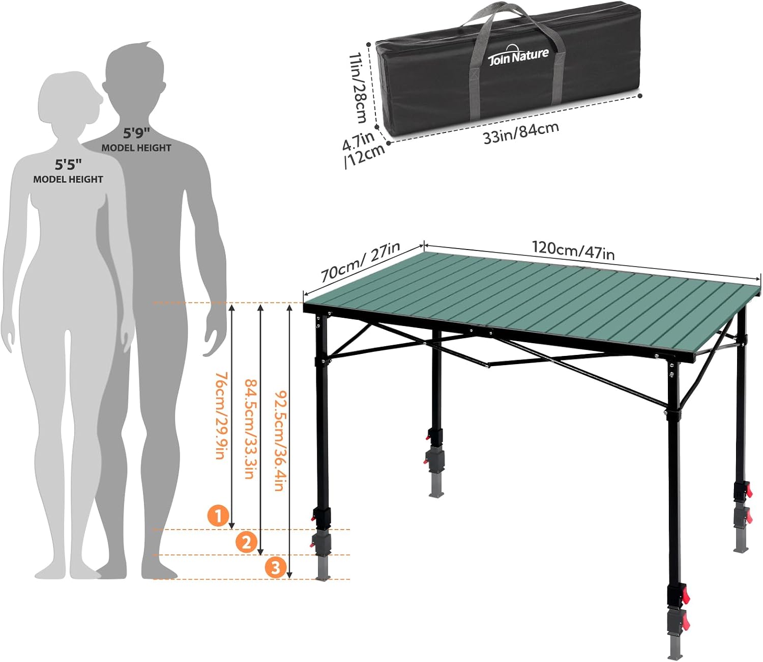 Portable Outdoor Adjustable Height Camping Table, Large for 2-6 Person