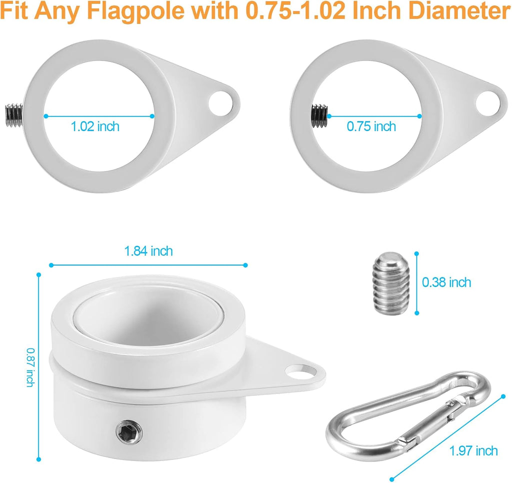 BONWIN 1" White Flag Pole Rings, 2 Pcs Anti Wrap Aluminum Alloy Flag Pole Clips Swivels, 360° Rotating Flagpole Flag Mounting Rings, Spinning Flag Pole Kit for 0.75-1.02" Diameter (1 Inch, White)