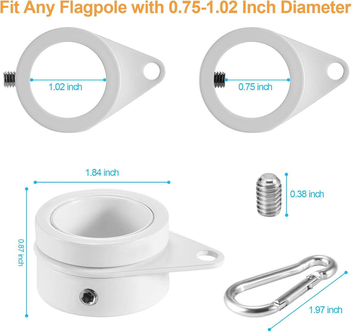 BONWIN 1" White Flag Pole Rings, 2 Pcs Anti Wrap Aluminum Alloy Flag Pole Clips Swivels, 360° Rotating Flagpole Flag Mounting Rings, Spinning Flag Pole Kit for 0.75-1.02" Diameter (1 Inch, White)
