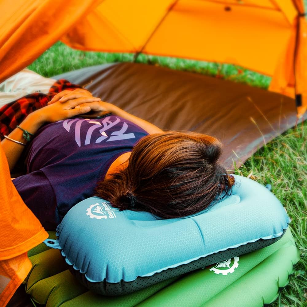 Gear Doctors 3.5oz Compact Ultralight Inflatable Camping Pillow—Inflatable Camp Pillow—Backpacking Pillows Ultralight—Camping Pillows for Sleeping, Hiking, Travel, Beach, Office, Neck, Lumper [Orange]