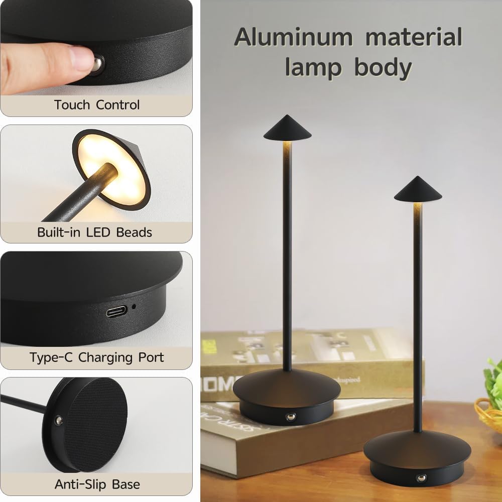 2 Pack Aluminum Cordless Table Lamp, 6000mAh Rechargeable Table Lamps, Portable Touch LED Lamp, Outdoor Waterproof Dimmable Cordless Rechargeable Table Lamps for Restaurant/Patio- Black (BK-Black)