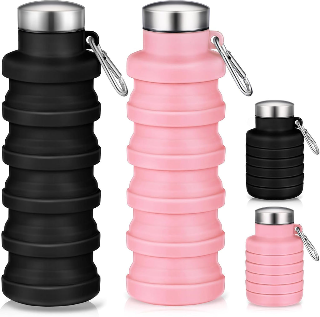Baderke 2 Pcs Collapsible Water Bottles, 17oz, Pink, Black