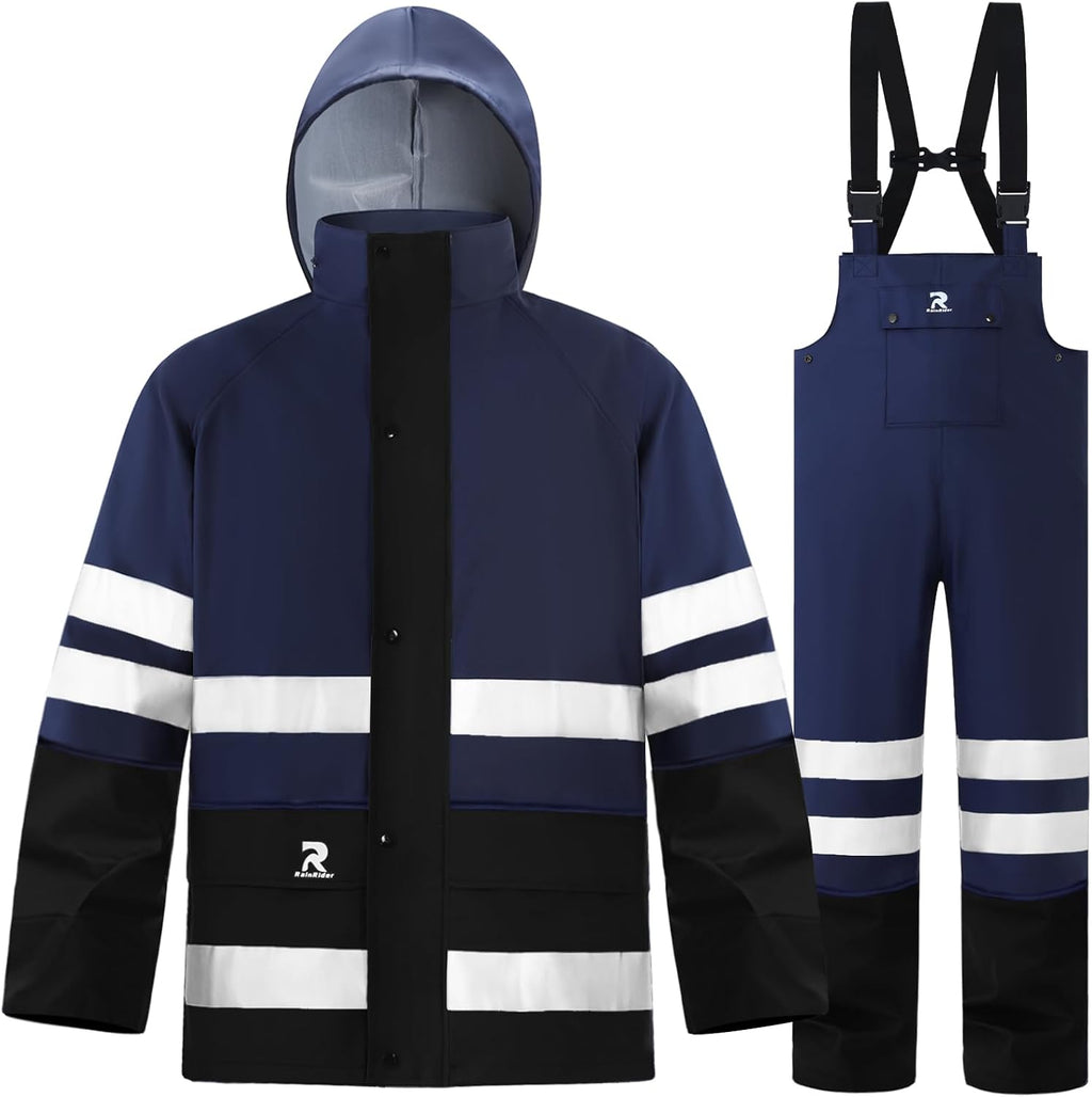 RainRider Rain Suits Waterproof for Men Women Heavy Duty Rain Gear Reflective Jacket Bib Pants 3 Pieces Rainwear