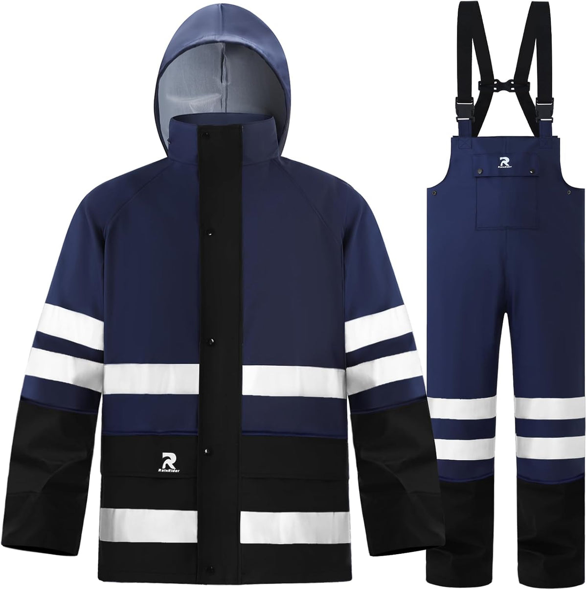 RainRider Rain Suits Waterproof for Men Women Heavy Duty Rain Gear Reflective Jacket Bib Pants 3 Pieces Rainwear