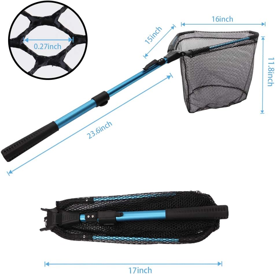 YVLEEN Folding Fishing Net - Foldable Fish Landing Net Robust Aluminum Telescopic Pole Handle and Nylon Mesh 16inch Hoop Size