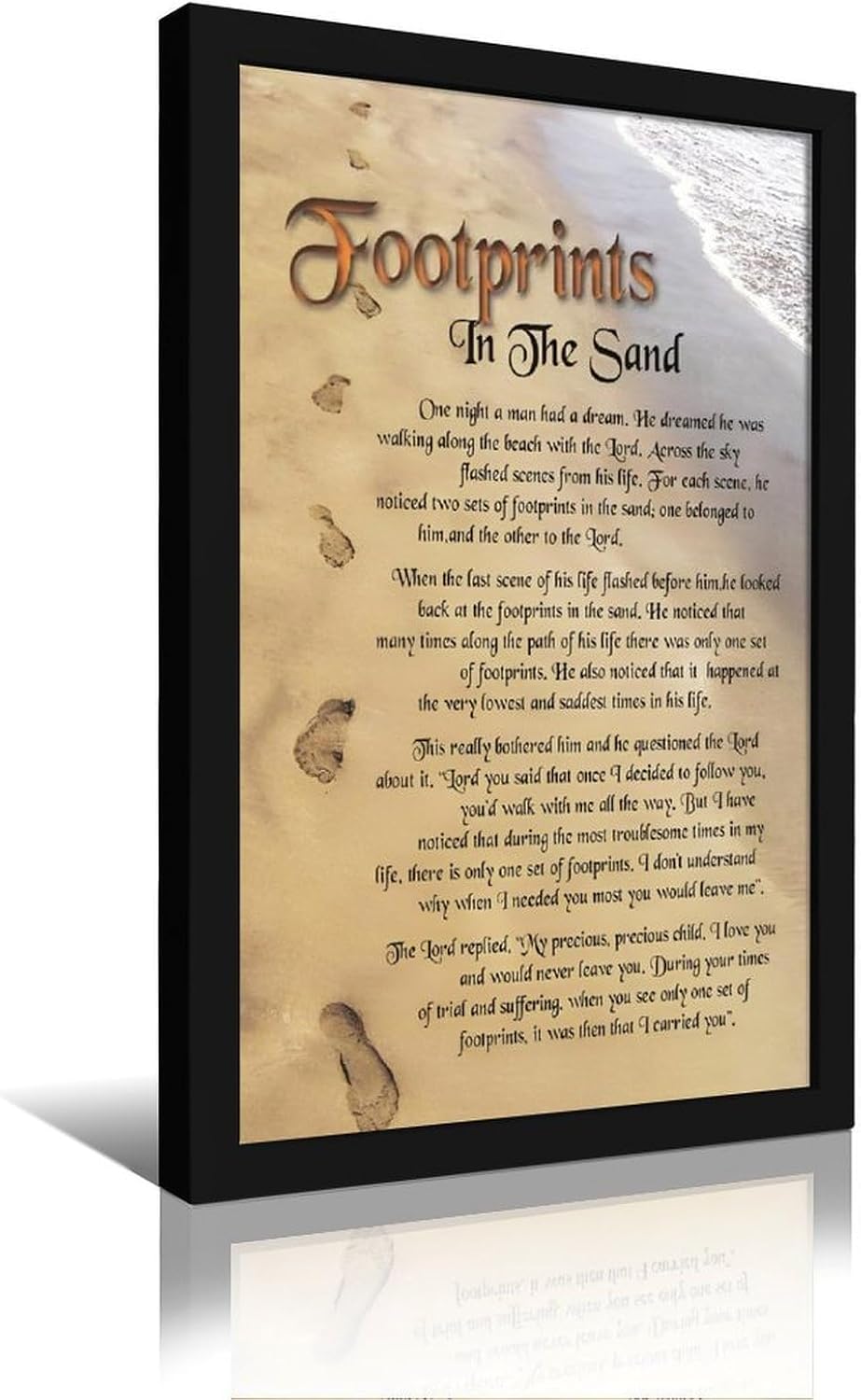 Footprints in the Sand Religious Canvas Wall Art Posters, Inspirational Beach Sunset Poem Print Poster (Black Framed 20x30inch, Footprints(3))
