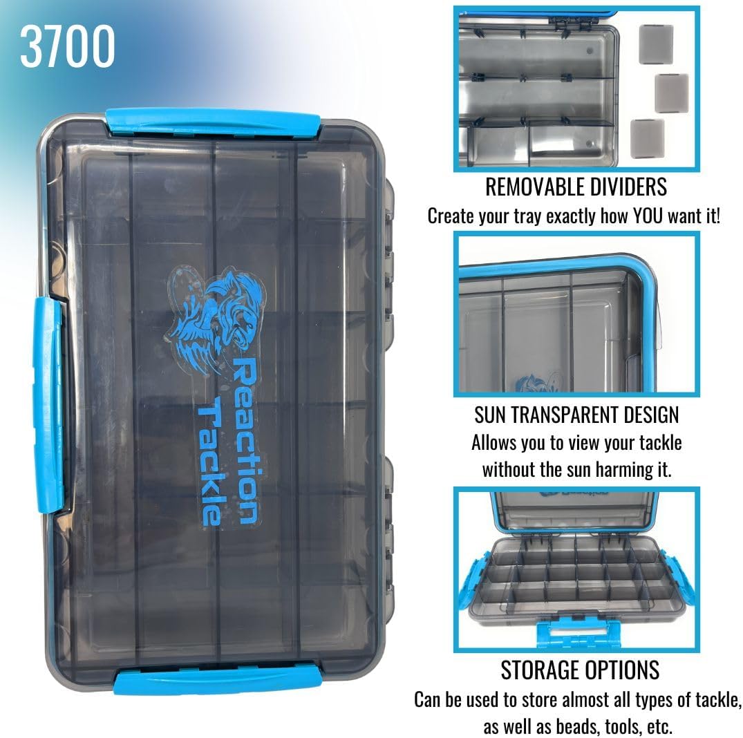 Reaction Tackle Premium Tackle Trays, Water Resistant Fishing Tackle Box Organizers with Triple Clip Closure, Removable Dividers and Clear View Design - 3700 (3-Pack)
