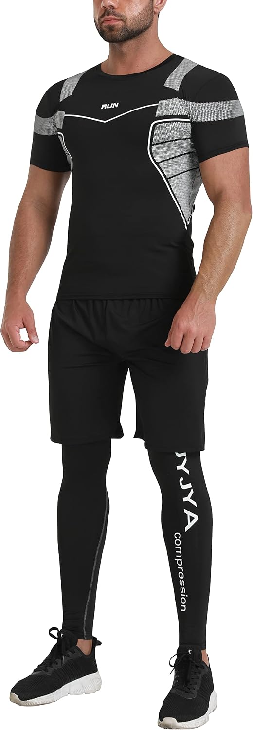 BUYJYA 5Pcs Men's Compression Pants Shirt Top Long Sleeve Jacket Athletic Sets Gym Clothing Mens Workout