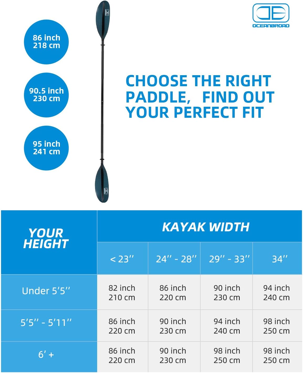 OCEANBROAD Kayak Paddle 86in/218cm, 90.5in/230cm, 95in/241cm Alloy Shaft Kayaking Boating Canoeing Oar with Paddle Leash