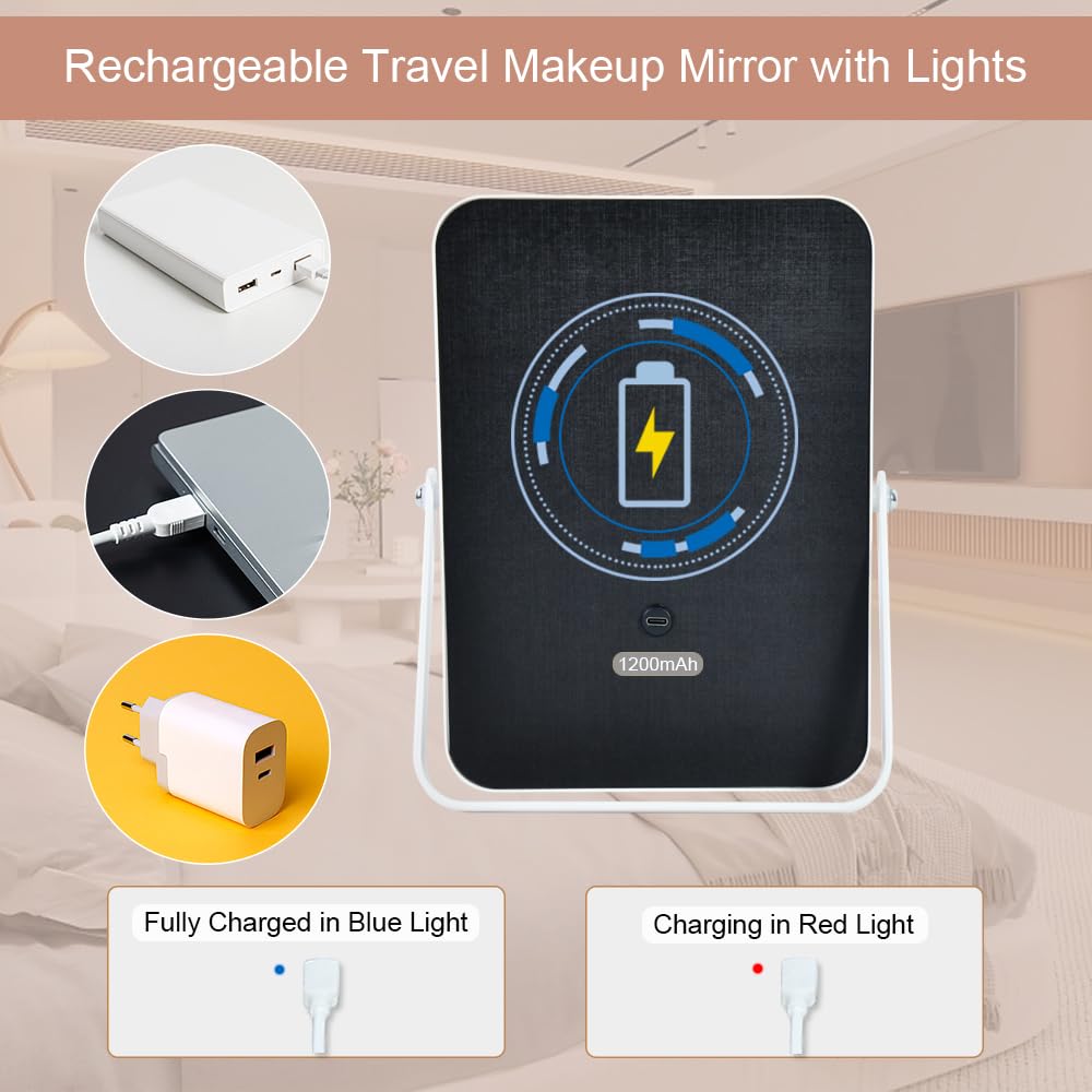 YEKKOPT Rechargeable Vanity Mirror with Lights,Desk Makeup Mirror with Lights,Portable Travel for Makeup Desk ＆ Dressing Room,3 Color Lighting, Dimmable Touch Screen