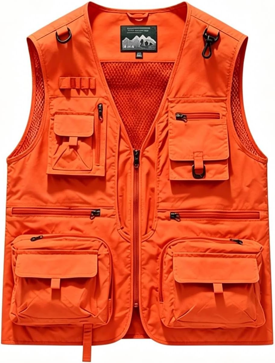 Outdoor Utility Vest for Men & Women, Lightweight Breathable Mesh Vest with Multiple Pockets for Fishing, Photography, Hiking, Camping, Travel & Safari, Orange
