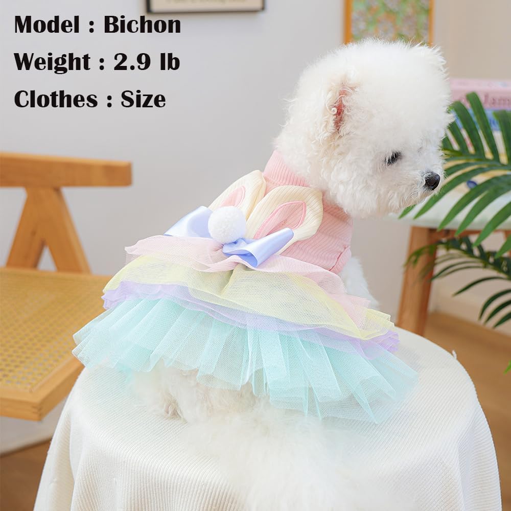 Pink Bunny Ears Dog Dress Spring Girl Puppy Clothes for Small Dog Easter Cat Dress for Cat Funny Tutu Dress Holiday Pet Outfit (Colorful, Medium)