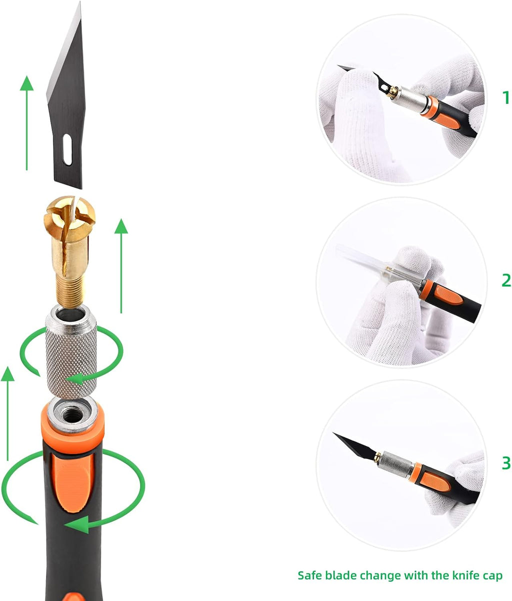 FOSHIO 2 Pack Precision Craft Knife Set with 20 Pieces Replacement Blades, Ergonomic Non-Slip Handle Hobby Knife with Protective Cover for Art, Craft Scrapbooking, Stencil (Orange)