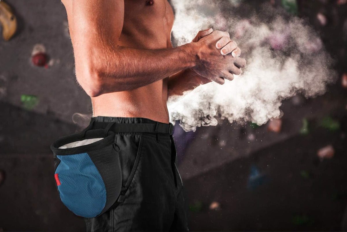 Rhino Valley Climbing Chalk Bag, No Leak Drawstring Chalk Bag with Adjustable Belt, Carabiner Clip and Zippered Pockets Chalk Bag for Rock Climbing, Cross Fit, Weight Lifting & More