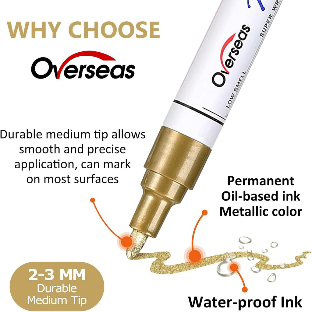Overseas 24 Gold Paint Pens Permanent Markers, Oil Based Paint Markers