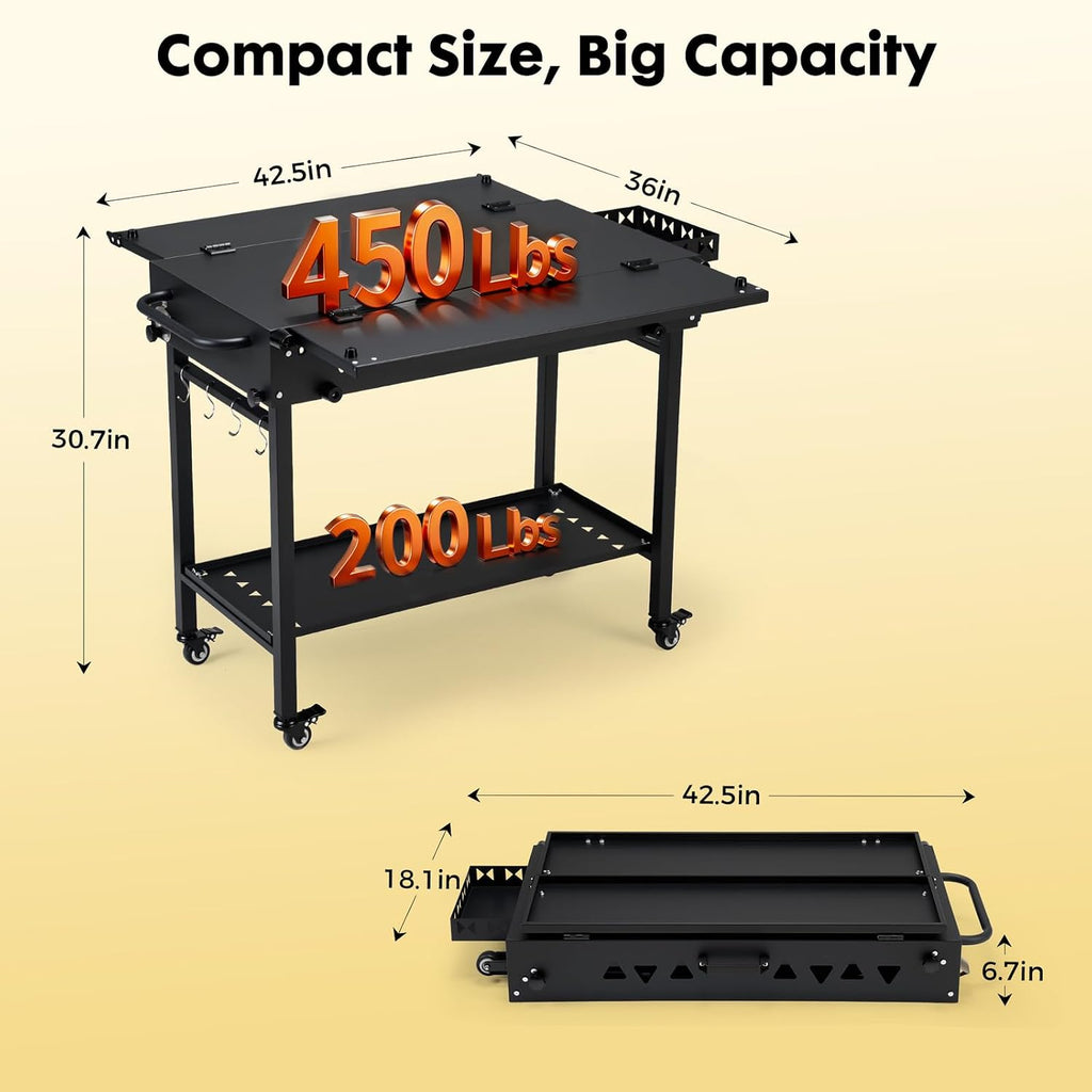 Outdoor Grill Cart Table Griddle Stand, Folding Grill Table with Wheels