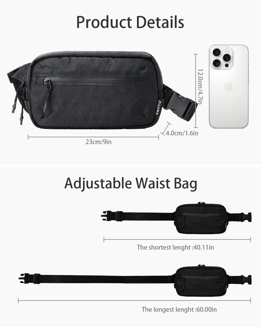 2L Sling Bag for Men & Women - Anti-Theft RFID Blocking Fanny Pack with Lockable Zippers, Water Resistant Lightweight Crossbody Bag for Travel Hiking Running Gym Walking Daily Use(X-Black)