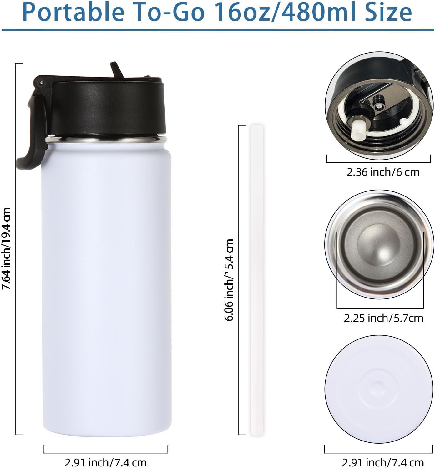 Volhoply 16 OZ Kids Water Bottle Bulk 2 Pack,Insulated Sports Bottles with Straw Lid,Stainless Steel Bottle with Handle Keep Cold & Hot,Double Wall Vacuum Tumbler Cups for School,Girls(White, 2)