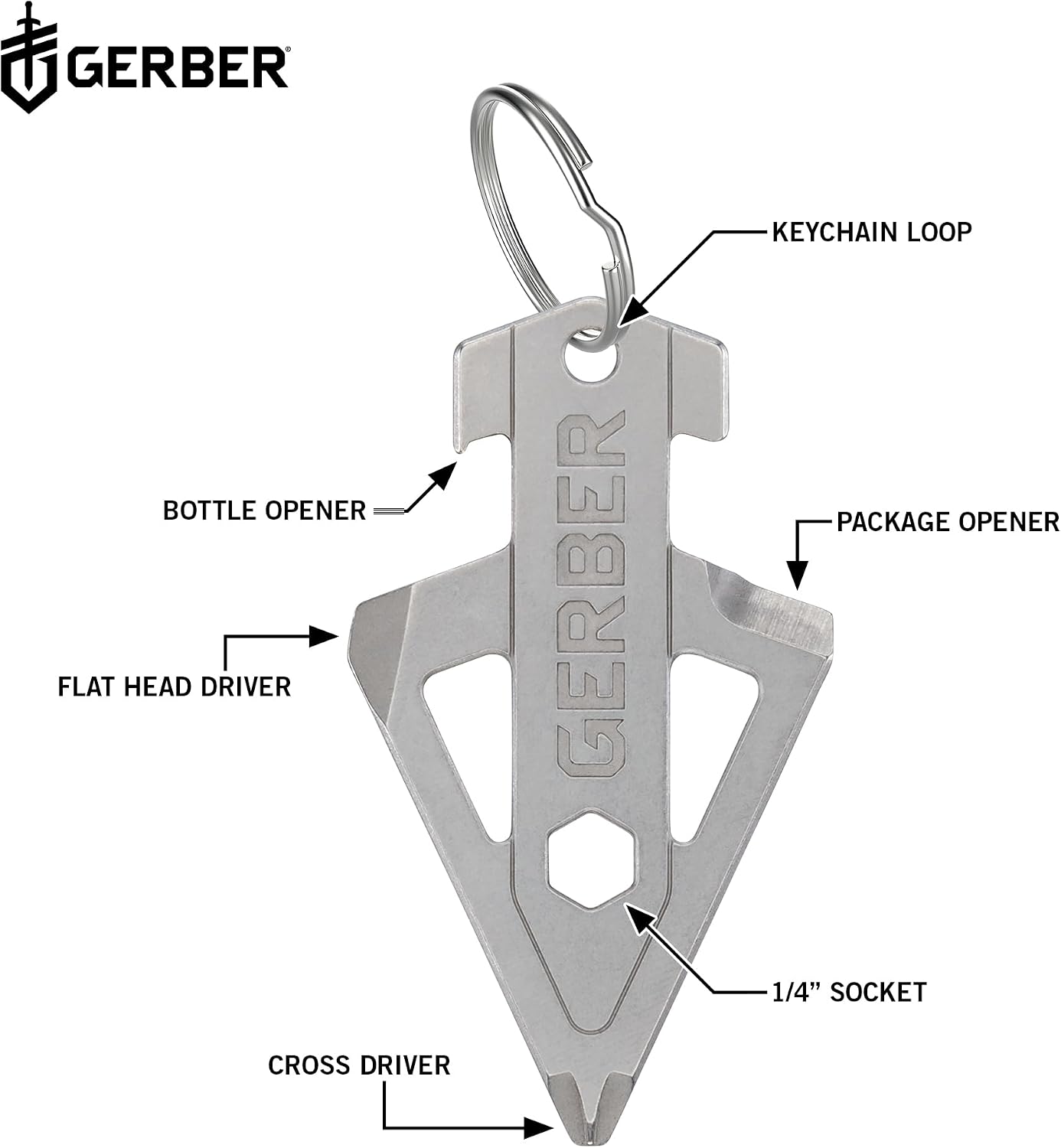 Gerber Broadhead EDC Keychain Multitool, Pocket Clip, Bottle Opener, Silver