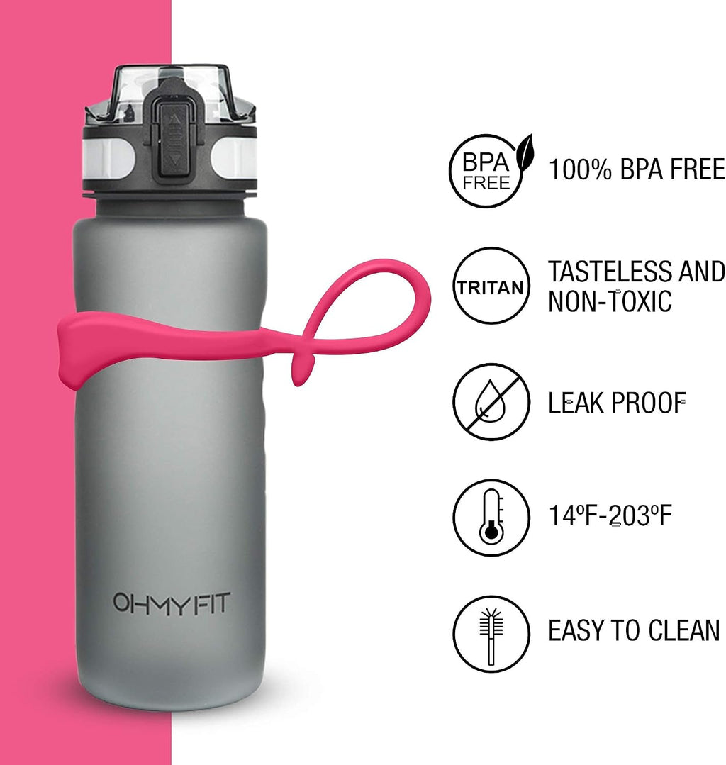 Tritan Sports Water Bottle with Magnetic Silicone Carry Strap & One Click Open Cap - Magnetic Drink Holder for Metal Equipment - Bottle w/Straps for Backpack, Belt & More (18oz, Fuschia)