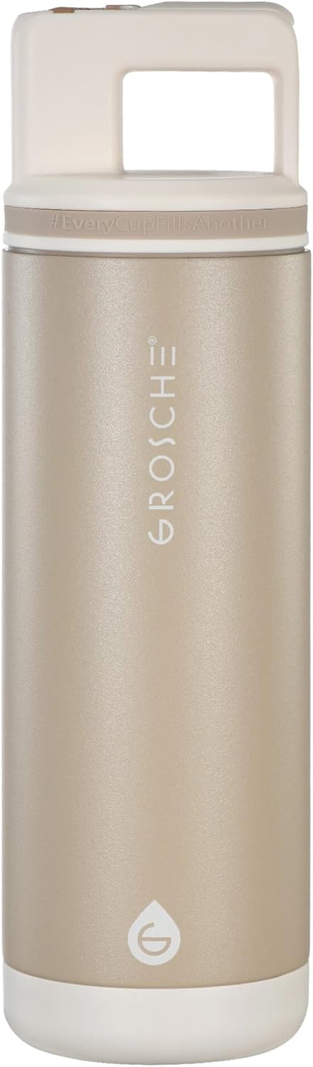 GROSCHE Alpine Flip 'N Sip Steel Water Bottle with Straw, Sand Beige, 20 oz