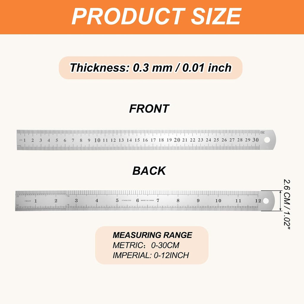 HARFINGTON 12 Pcs Steel Ruler 12" x1-1/32 Machinist Metal Ruler Carbon Steel Metric Straight Edge Measuring Tools 0.3mm Thick for Engineering Architect Drawing Home Office