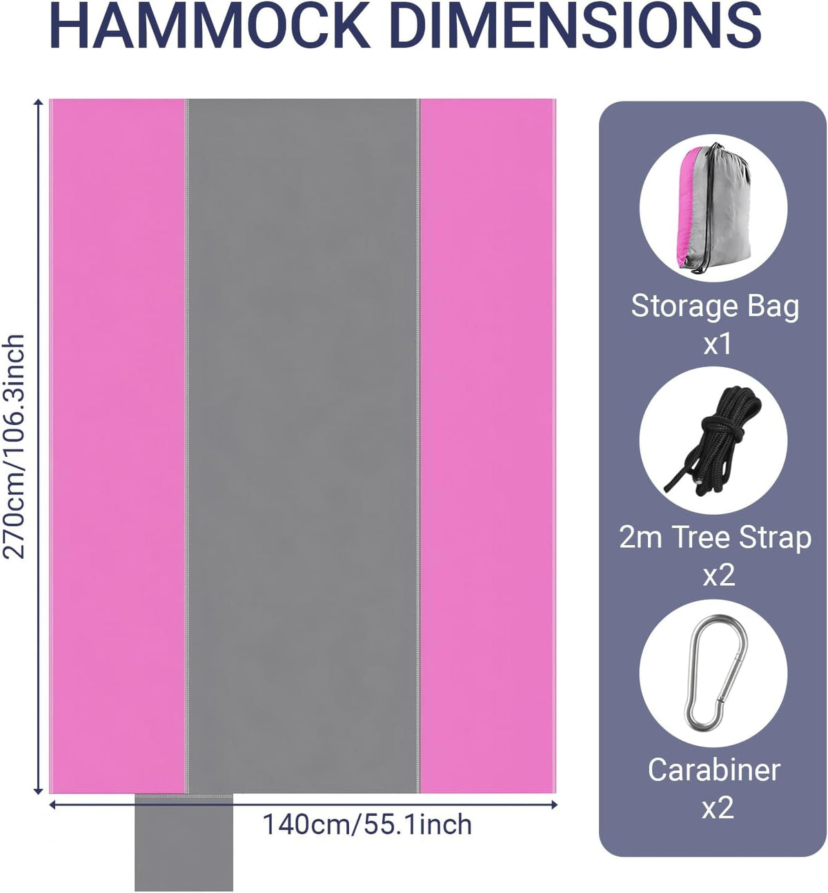 Camping Hammocks, Portable Parachute with Tree Straps (Pink & Gray)