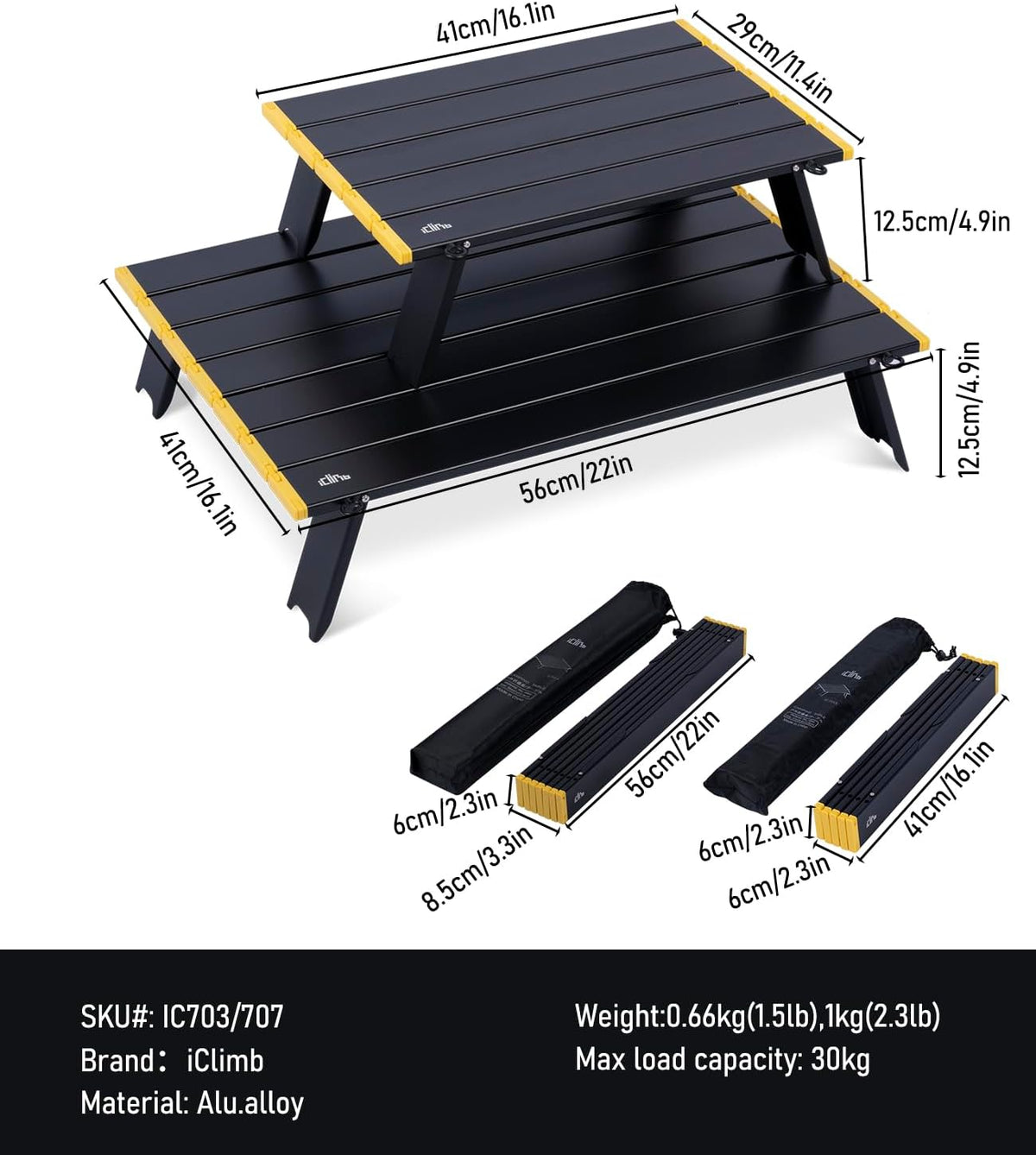 iClimb Ultralight Compact Mini Beach Picnic Folding Alu. Table with Carry Bag, Two Size (Black - S)