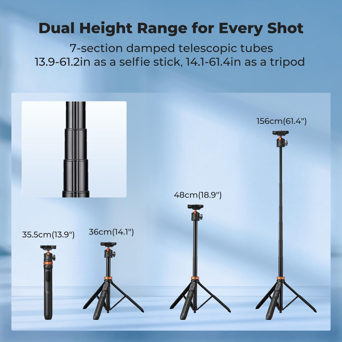 K&F CONCEPT Auto Open 62'' Selfie Stick Tripod with Remote for Vlog
