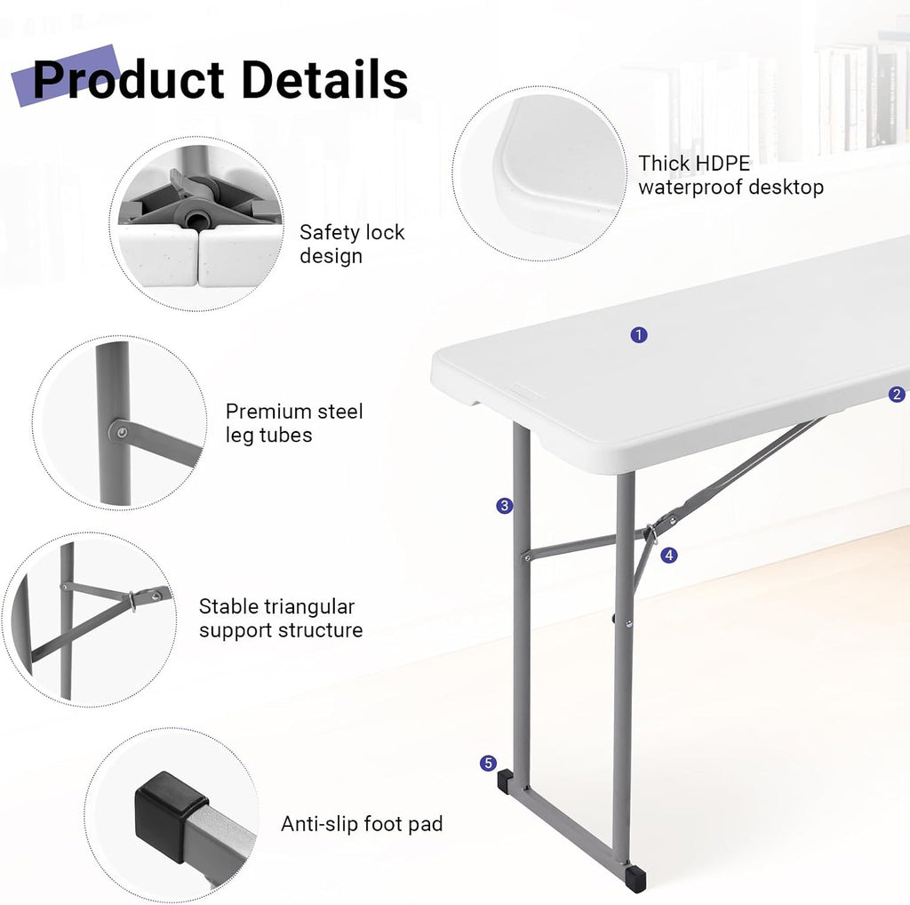 Byliable Folding Table 6FT Narrow Portable Plastic Heavy Duty Table, White