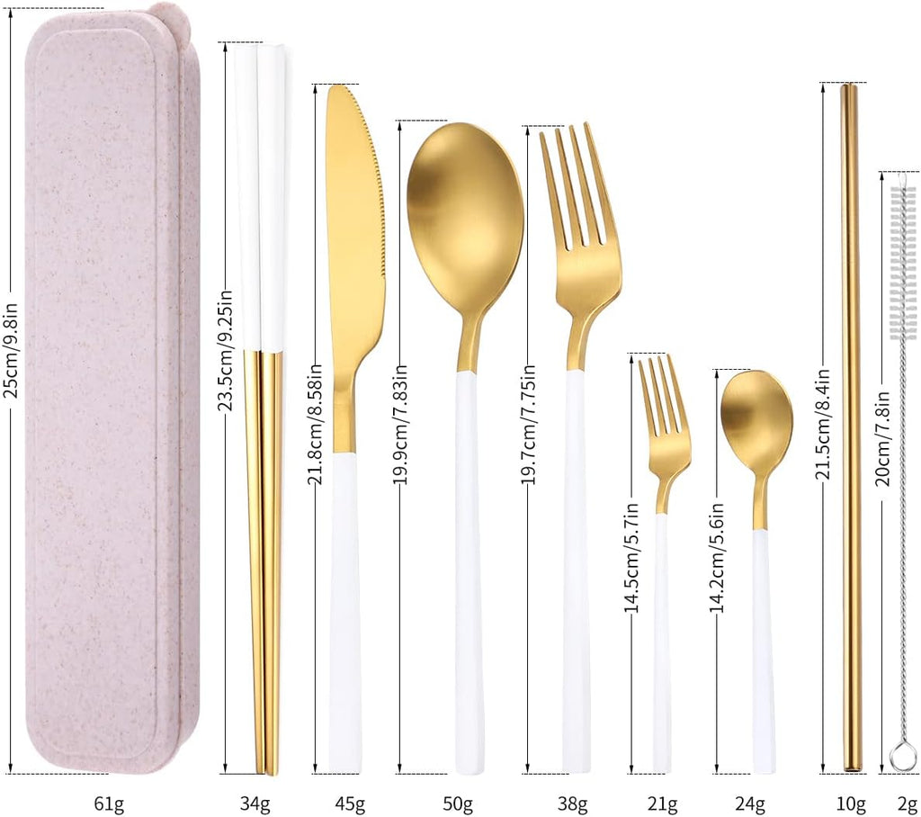AARainbow 8 Pieces Stainless Steel Flatware Set Portable Reusable Cutlery Set Travel Utensils Set Including Chopsticks Knife Fork Spoon Straws Cleaning Brush Dishwasher Safe (B-White Golden)