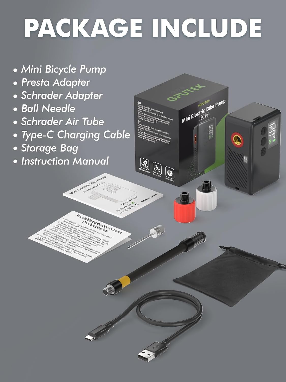 GPUTEK Mini Bike Pump Electric for Presta and Schrader Valves Bicycle Tire