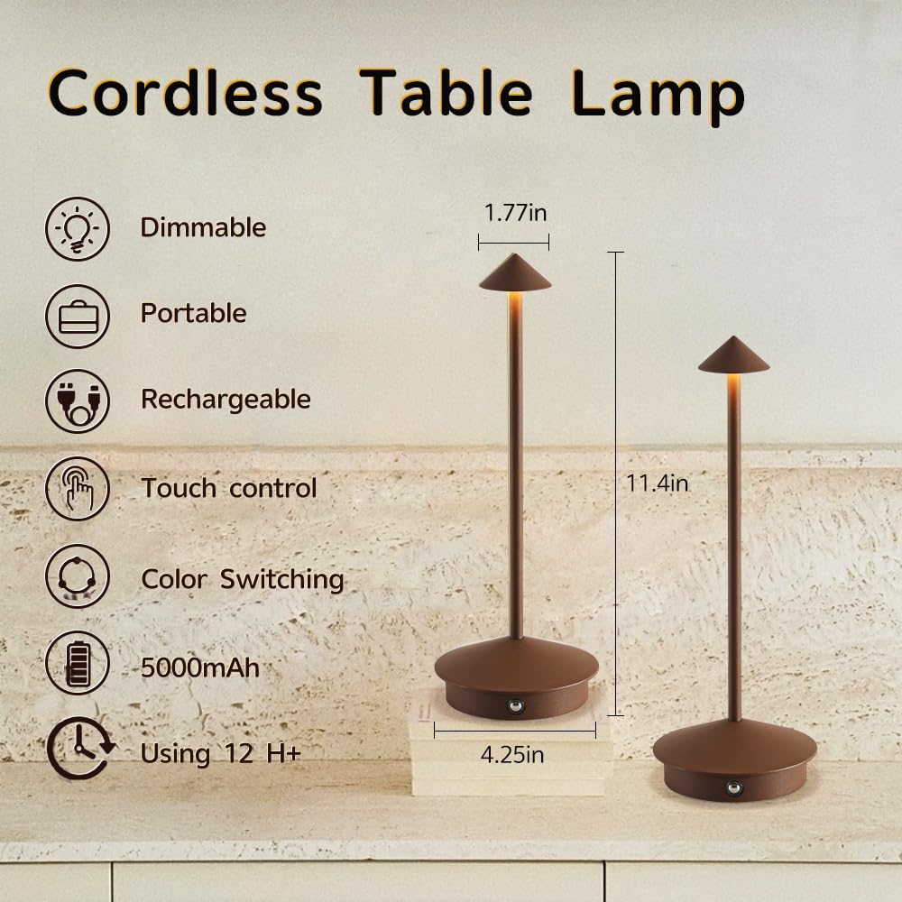 EJQ 2 Pack LED Rechargeable Cordless Table Lamps,Portable Outdoor 5000mAh Battery Operated Table Light Touch Control 3 Color Dimmable for Patio/Cofee/Restaurant/Camping/Dining/Bedroom-Brown
