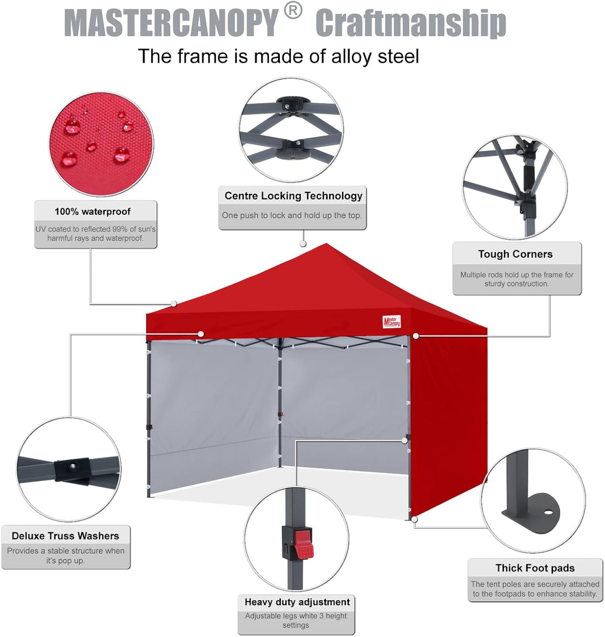 MASTERCANOPY 10x10 Heavy Duty Pop up Canopy Tent with Sidewalls, Red
