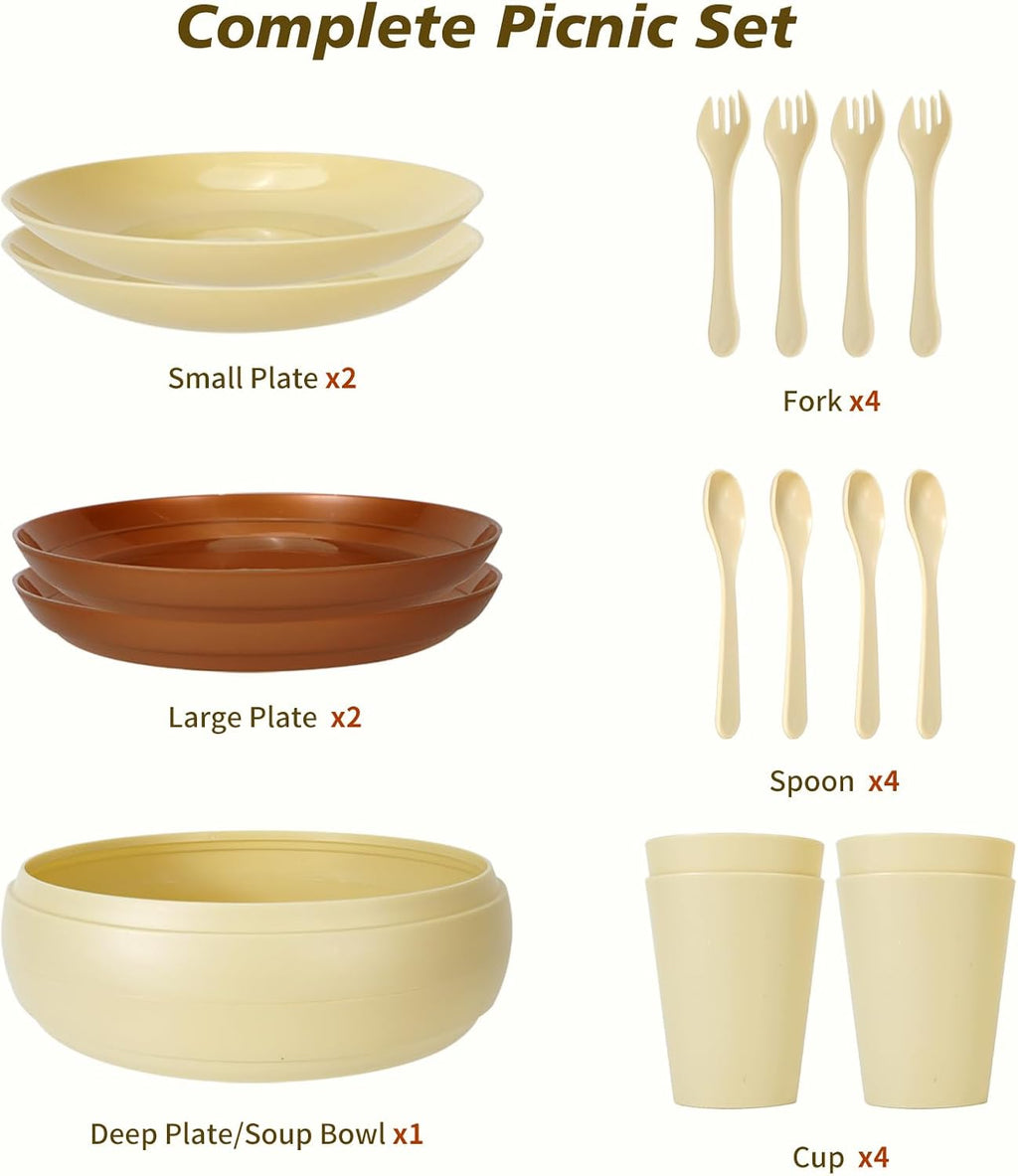 Camping Dishes Picnic Set, 17Pcs Plastic Dinnerware Dishes Sets for 4