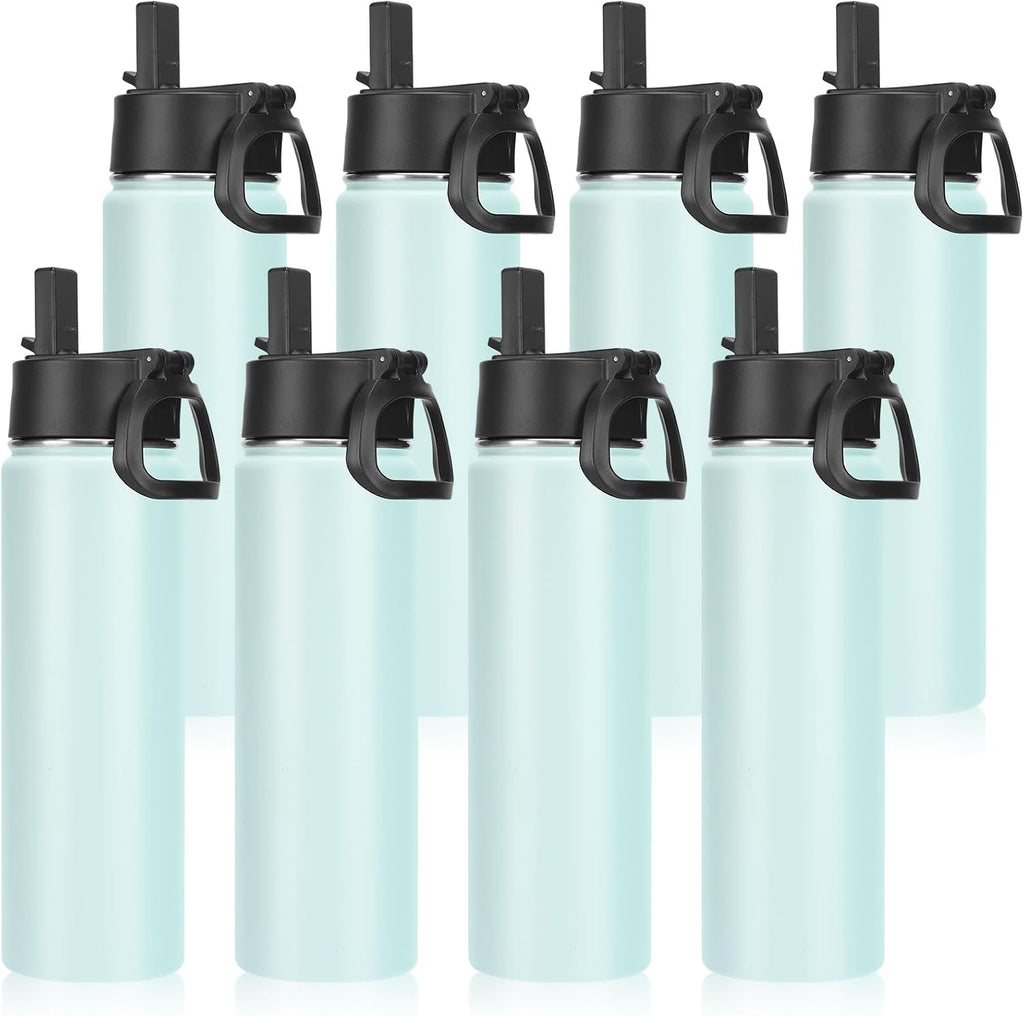 Neihepal 22 oz Insulated Water Bottles Bulk, Stainless Steel Water Bottles Bulk with Leak Proof Straw Lid, Wide Mouth Double Walled Vacuum Keeps Cold and Hot(Fog,8 Pack)