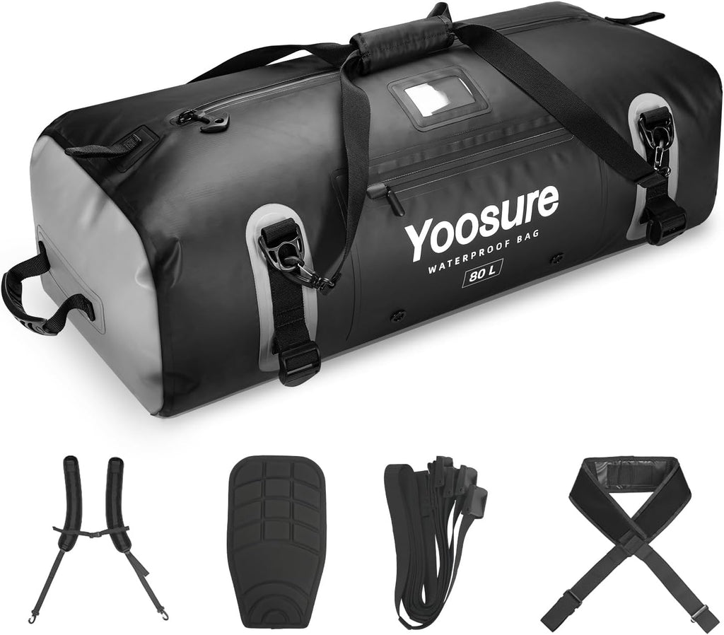 80 lt Waterproof Duffel Bag Motorcycle Dry Bag Backpack, Waterproof Zippered Bags with Backpack Spacer Pad for Kayaking Rafting Boating Canoeing Camping Paddle Beach (Black)