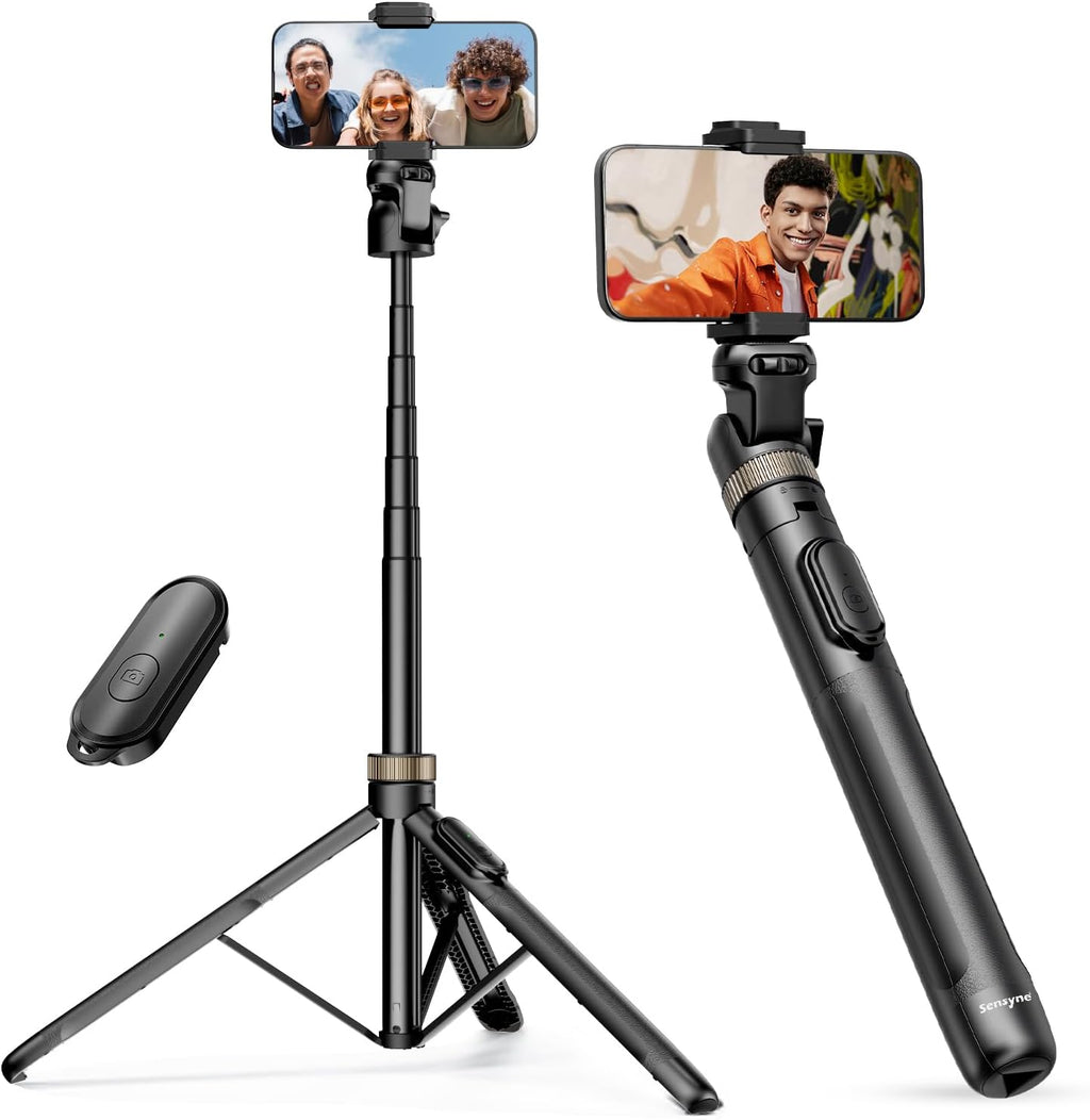 Sensyne 72" Extendable Tripod for iPhone & Selfie Stick with Detachable Phone Holder & Wireless Remote, Compatible with All Cell Phones, Black