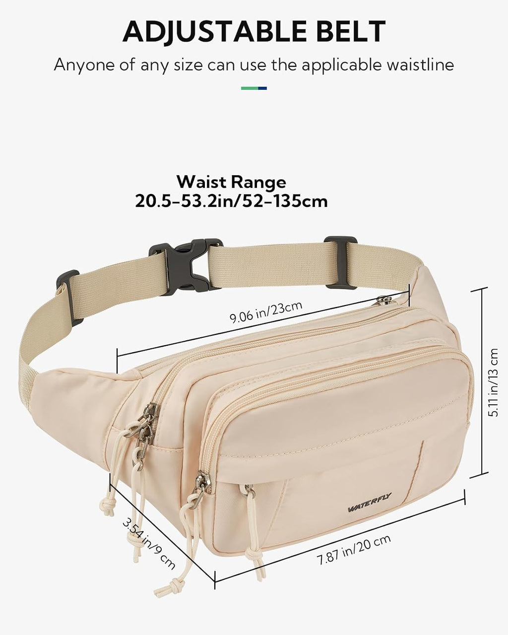 WATERFLY Fanny Pack Waist Bag: 2.5L Large 5 Zipper Pockets for Women Men